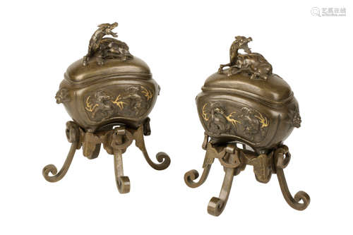 PAIR OF BRONZE MIXED METAL KORO'S, MEIJI PERIOD (1868-1912)