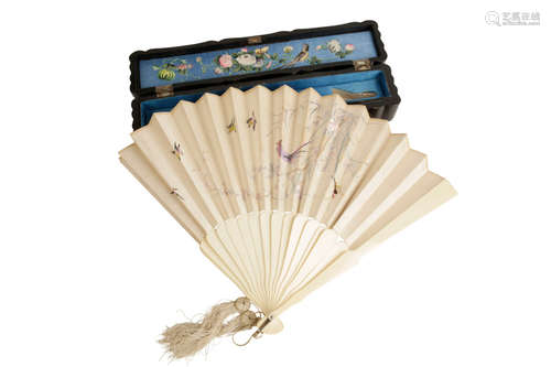 UNUSUAL IVORY AND EMBROIDERED FAN, LATE QING DYNASTY