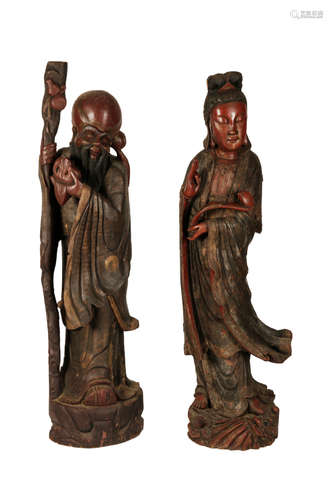 PAIR OF LARGE CARVED LACQUER WOOD FIGURES, REPUBLIC PERIOD