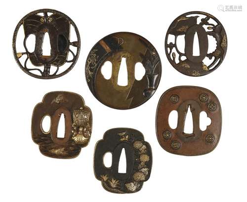 SIX ASSORTED BRONZE AND IRON TSUBA, EDO / MEIJI PERIOD