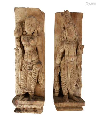 TWO CARVED WOOD PILASTERS, INDIA, 19TH CENTURY