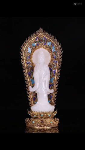 GILT SILVER HETIAN JADE BUDDHA FIGURE