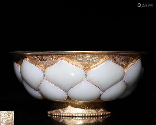 A BRONZE GLITED HETIAN JADE LOTUS BOWL