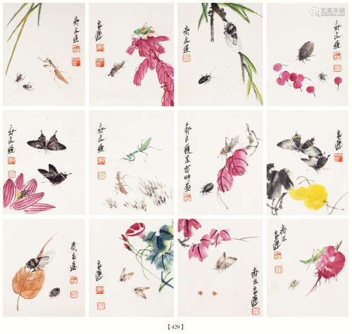 齐良迟（1921-2003） 草虫四屏 纸本设色 镜心