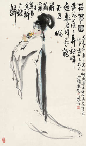 陈政明（b.1941） 戊辰（1988）年作 采菊图 立轴 设色纸本