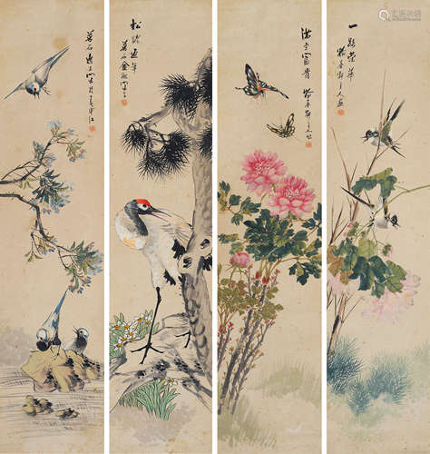 金梦石（1869～1952） 花鸟 四屏立轴 设色纸本