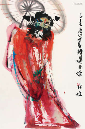 林墉（b.1942） 己未（1979）年作 钟进士像 立轴 设色纸本