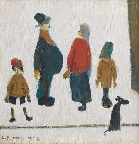 Figures with a Dog 14 x 13.7 cm. (5 1/2 x 5 3/8 in.) Laurence Stephen Lowry R.A.(British, 1887-1976)