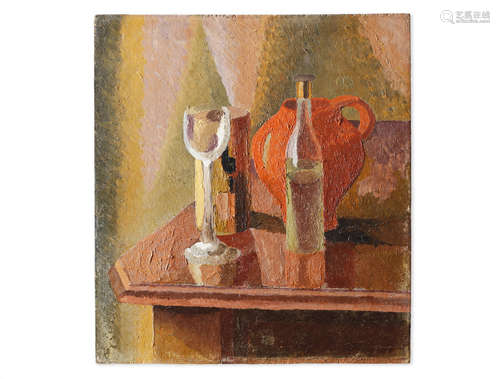 Still life with bottle and glass 50.2 x 45.2 cm. (19 3/4 x 17 3/4 in.) Duncan Grant(British, 1885-1978)