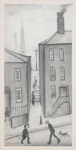 Houses and Steps, Stockport 37.7 x 18 cm. (14 5/8 x 7 1/8 in.) Laurence Stephen Lowry R.A.(British, 1887-1976)