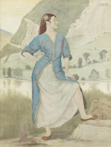 Anais in a mountainous landscape 64 x 49.5 cm. (25 1/8 x 19 1/2 in.) Gerald Leslie Brockhurst R.A., R.P., R.E.(British, 1890-1978)