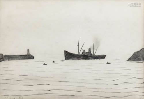 Ship Entering a Harbour  25.4 x 35.6 cm. (10 x 14 in.) Laurence Stephen Lowry R.A.(British, 1887-1976)