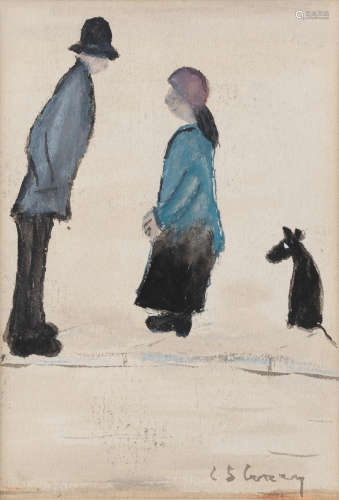Two figures and a dog 13.5 x 9.5 cm. (5 1/4 x 3 3/4 in.) Laurence Stephen Lowry R.A.(British, 1887-1976)