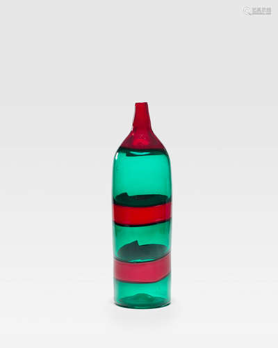 Fasce Orizzontali Bottlecirca 1950model 4315, for Venini, green tinted glass, applied with opaque red glass, partial acid stamp 'venini murano.....' and manufacturer's paper label 'VENINI MURANO VENEZIA MADE IN ITALY'height 13 1/2in (34.5cm)  Fulvio Bianconi (1915-1996)