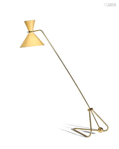 Equilibrium Floor Lampcirca 1951for Disderot, brass, paperheight adjustable; as shown 63 1/2in (161cm); width 60in (152.5cm); depth 20in (51cm)  Pierre Guariche (1926-1995)