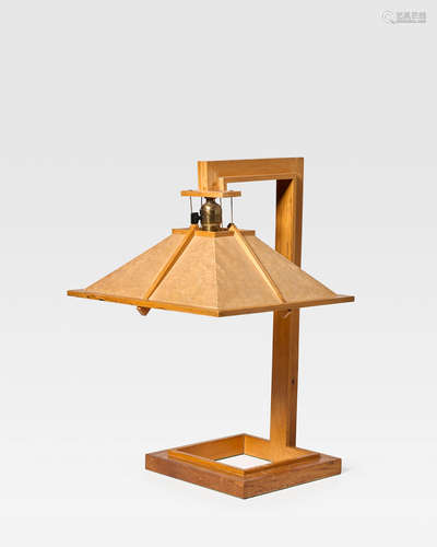 Taliesin I Table Lampcirca 1940Tidewater Cypress, rice paper, brass, brass and Bakelite Perkins paddle socket, rayon woven electrical cordheight 22in (56cm); width 14in (35.5cm); width 14in (35.5cm)  Frank Lloyd Wright (1867-1959)