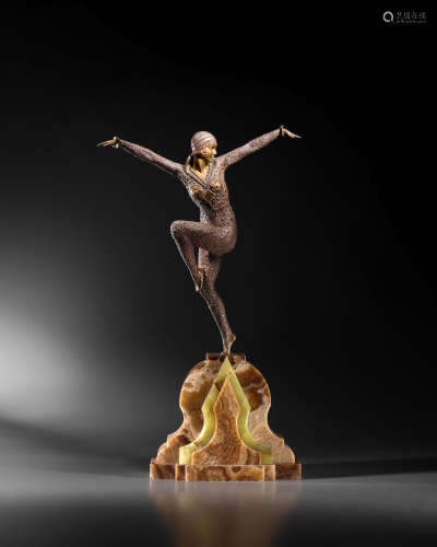 Dancer of Kapurthalacirca 1925for Les Neveux de J. Lehmann, gilt and cold painted bronze, onyx engraved 'Chiparus' and 'Made in France 49', foundry seal 'L.N.J.L.' and Sotheby's Elton John auction paper label height 22in (56cm); width 12 3/4in (32cm); depth 3 1/2in (9cm)  Demétre Chiparus (1886-1947)