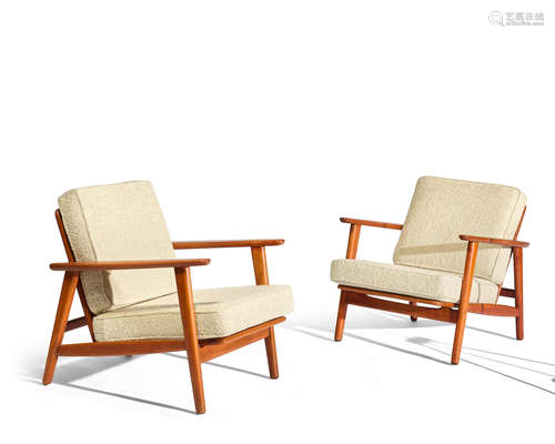 Pair of Lounge Chairscirca 1952model GE233, for Getama, beech, upholsteryheight 22 1/2in (57cm); width 34in (86cm); depth 28 1/2in (72cm)  Hans Wegner (1914-2007)