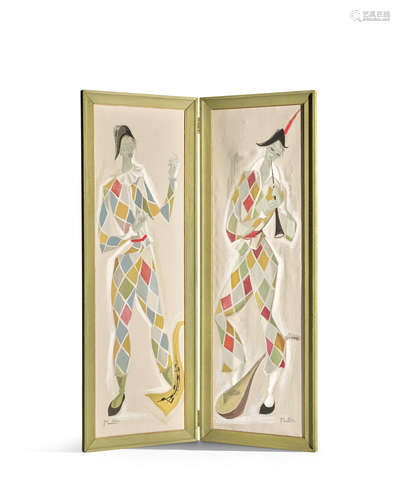 Two Panel Screencirca 1950for Galerie Jean Royère, oil on canvas, silk covered wood frame, each canvas signed 'M. Alvo', ink stamp to frame 'GALERIE JEAN ROYERE'each panel height 67 1/4in (171cm); width 24in (61cm)  Maurice Alvo