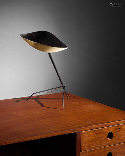 Trepied Table Lampcirca 1955designed 1953, for Ateliers Serge Mouille, enameled steel, enameled aluminum, brassheight 17 1/2in (44.5cm); width 13 1/2in (24.5cm); depth 11 6/8in (30cm)  Serge Mouille (1922-1988)