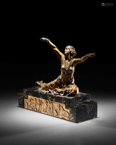 Theban Dancercirca 1915silvered and gilt-bronze, marble, marble carved 'CJR COLINET', bronze stamped '26'height 10 1/2in (27cm); width 13in (33cm); depth 4in (10cm)  Claire-Jeanne-Robert Colinet (1880-1950)