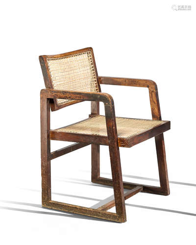 Cane Seat Cane Back Office Chaircirca 1960teak, cane, painted stencil mark 'FCH/C340'height 30 3/4in (78cm); width 20in (50.5cm); depth 20 1/2in (52cm)  Pierre Jeanneret (1896-1967)