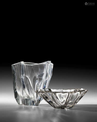 Two Iceberg Vessels1952-69models 3825 and 3847, for Iittala, still-mold blown crystal, cut, small dish engraved 'TAPIO WIRKKALA 3847', large vase engraved 'TAPIO WIRKKALA 3825' smallest height 3 1/4in (8cm); width 9in (23cm); large example height 7 7/8in (20cm); width 8in (21cm)  Tapio Wirkkala (1915-1985)