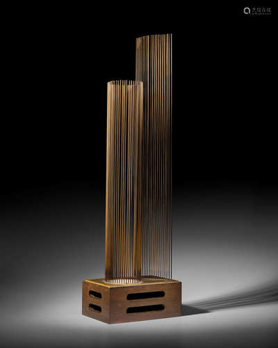 (Untitled) Sonambientcirca 1970beryllium copper rods silvered to brass base, one in a circle, one in a semi-circle configuration, seventy-six rods in total, on teak sound boxheight including sound box 34in (86.5cm); width  including box 10in (25cm); depth including box 6 1/2in (16.5cm)  Harry Bertoia (1915-1978)