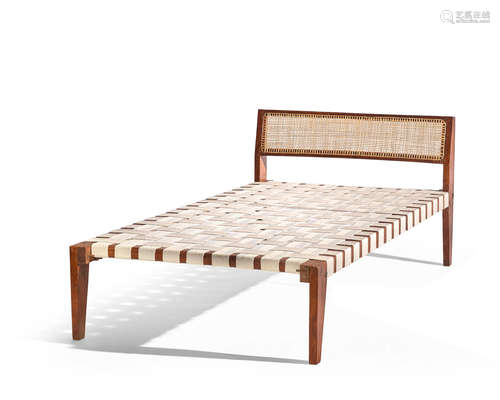 Demountable Daybedcirca 1955-56teak, cane, cotton webbing, together with later upholstered cushionheight 30 1/2in (77cm); width 79in (201cm); depth 41 3/4in (106cm)  Pierre Jeanneret (1896-1967)