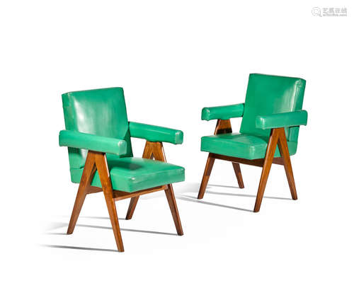 Pair of Committee Armchairscirca 1953teak, green coloured leather upholstery, brass, painted marks '786' and '75'each height 34 1/2in (87.5cm); width 24in (61cm); depth 23 1/2in (60cm)    Pierre Jeanneret (1896-1967)