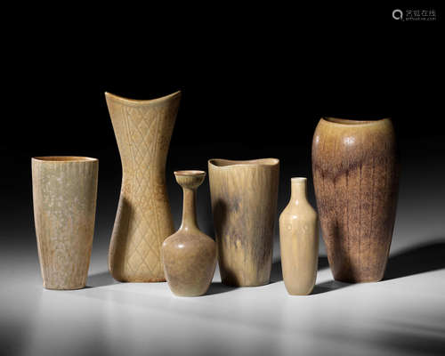 Group of Seven Vasescirca 1955for Rörstrand, stoneware with haresfur glaze, 'incised 'R' three crowns, and 'SWEDEN GN', and variously 'AXZ', 'AXI', 'AXO', 'ASK' and 'ARH'height of smallest 5in (13cm); height of largest 10 1/2in (17cm)   Gunnar Nylund (1904-1997)