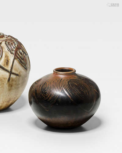 Vasecirca 1940for Royal Copenhagen, glazed stoneware, incised '20738 SALTO' and painted with three wavy blue linesheight 6in (15cm); diameter 7in (18cm)    Axel Salto (1889-1961)