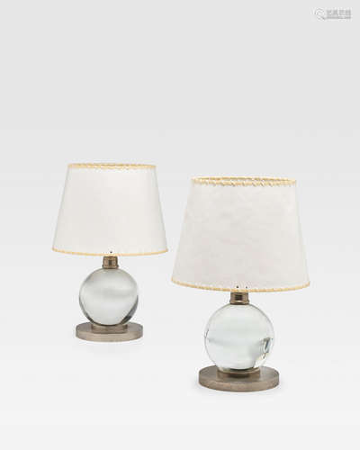 Pair of Table Lampscirca 1940model 7706, for Baccarat, glass, nickel-plated brass, paper height including shade 12in (30.5cm); diameter of shade 8in (20cm)  Jacques Adnet (1901-1984)