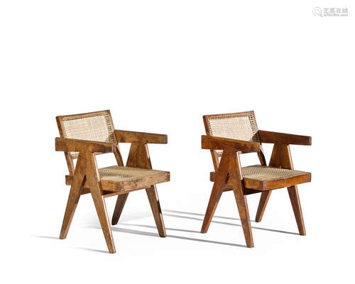 Pair of Office Armchairscirca 1955-56teak, cane, together with later upholstered cushions, painted stencil to each 'S.LM.B.C.170' and 'S.LM.B.C.188'height 30 1/4in (77cm); width 21 (53cm); depth 19 1/2in (49.5cm)  Pierre Jeanneret (1896-1967)