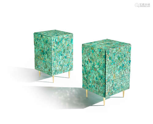 Pair of Bedside Cabinets2017turquoise, brass, lacquered wood, cast metal label to each 'K'height 29 1/4in (74cm); width 18 1/4in (46cm); depth 17in (43cm)  Kam Tin