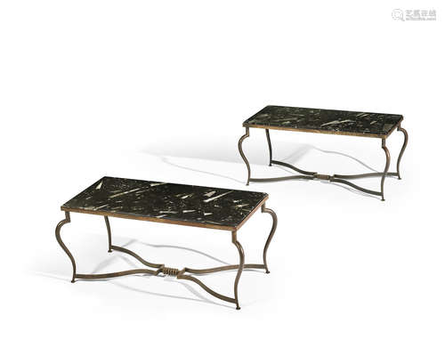 Pair of Cocktail Tablescirca 1925patinated iron, marble, one table stamped 'ZADOUNAISKY'height 14 3/4in (37.5cm); width 33 1/2in (85cm); depth 17in (43cm)  Michel Zadounaisky  (1903-1983)