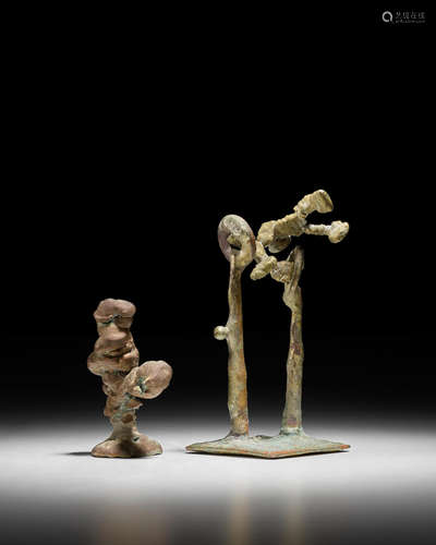 Untitled (Gymnast)circa 1965together with another small Spill Cast Form; welded bronze, with applied patinaheight 4 1/4in (11cm); width 2in (5cm); depth 2in (5cm); height 2 1/2in (6.5cm); width 1 1/2in (4cm); depth 1/4in (3cm)  Harry Bertoia (1915-1978)