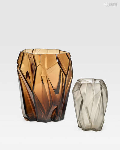 Two Ruba Rombic Vasescirca 1928for Consolidated Lamp and Glass Company, blown glasslarge vase height 9 1/4in (23.5cm)l width 8 1/4in (21cm); small vase height 6 1/4in (16cm); width 4 1/4in (11cm)  Reuben Haley (1920-2017)