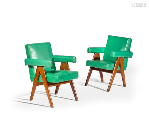 Pair of Committee Armchairscirca 1953teak, green coloured leather upholstery, brass, painted number '881' to one, and '923' the otherheight 33in (84cm); width 24in (61cm); depth 23 1/4in (59cm); height 32 1/2in (85cm); width 24in (61cm); depth 23in (58.5cm)  Pierre Jeanneret (1896-1967)