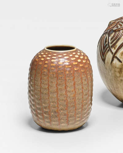 Budding Vasecirca 1950for Royal Copenhagen, stoneware with burnt orange matte glaze, incised '20708 SALTO' and painted with three wavy blue linesheight 7 1/4in (18.5cm); diameter 5in (13cm)  Axel Salto (1889-1961)