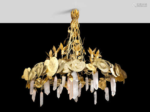 Water Lilies Chandeliercirca 1970hand hammered ormolu and brass, with rock crystaldrop 48in (122cm); diameter 47 1/2in (121cm)  Robert Goossens (1927-2016)