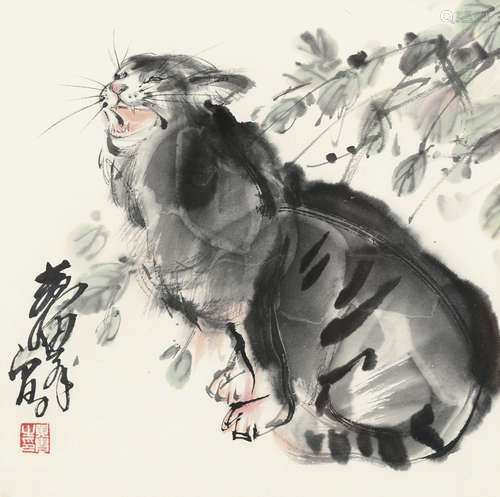 黄胄 猫 镜框 纸本