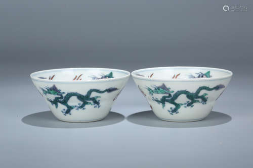 Pair of Chinese Doucai porcelain cups, Yongzheng mark.