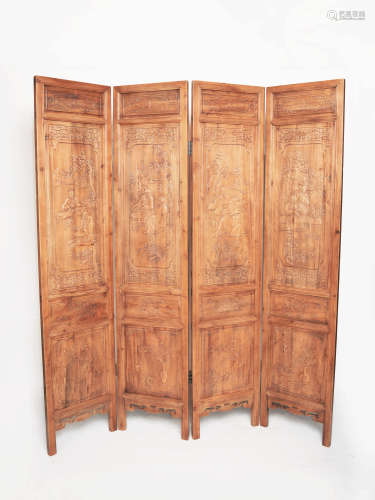 A Chinese Fragrant Camphor Wood Four-Panel Folding Screen with Relief of Hermits