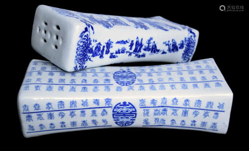 Chinese Blue and White Porcelain Pillow with Story Portraits and Hundred Longevity Words, marked as 