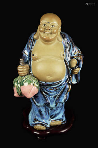 An Old Chinese Shiwan Pottery Laughing Buddha with Flambe Glaze, marked 