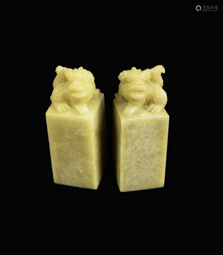 A Pair of Old Qingtian Stone Carved Seals with Lions