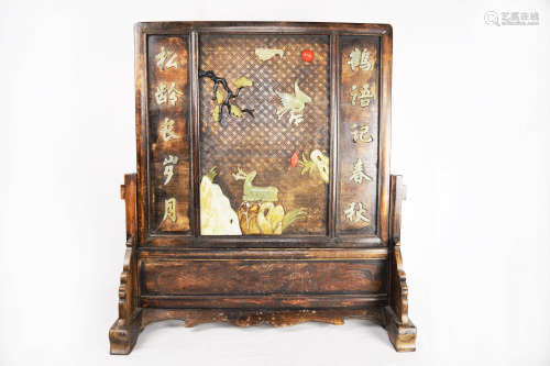 An Old Chinese Hardwood Screen with Jade Studded Couplets and Patterns of Pine, Crane, Deer, and Lingzhi Mushroom