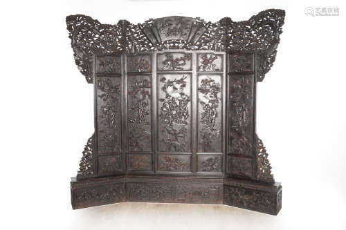 A Massive Republic Era Chinese Old Hardwood Standing Screen with Relief of Taoism Heaven and Plants and Symbols for Fortune, Health and Prosperity