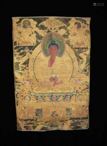 A Woven Tibetan Thangka of Bhaisajyaguru (Medicine Buddha)